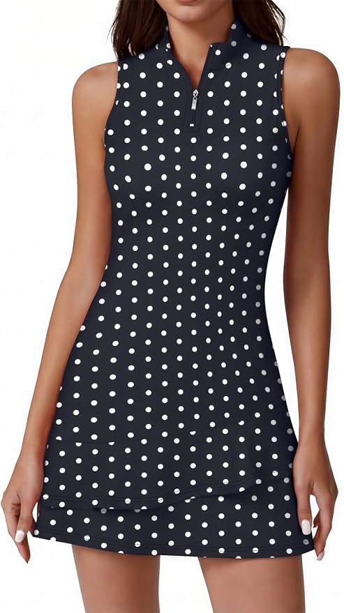 Viracy Tennis Dress for Women Sleeveless Golf Dresses with Shorts and Pockets Ruffle Zip Up Stand Collar Golf Outfits