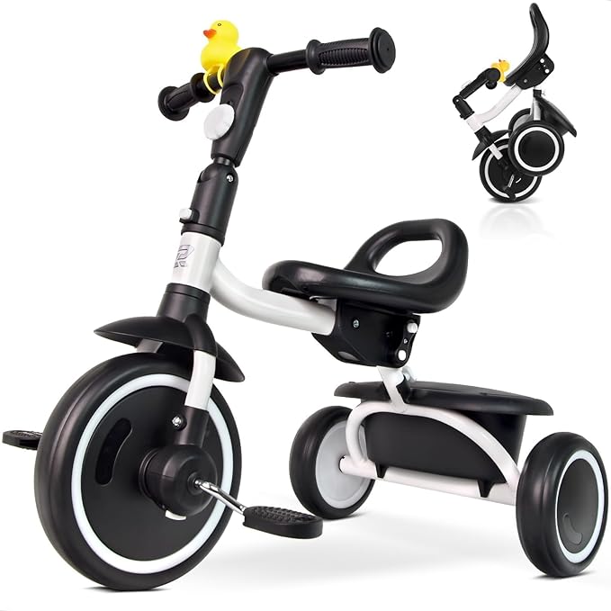 Toddler Tricycle for 18 Months to 5 Years, Foldable Tricycles for 1.5-5 Year Olds, Kids Tricycle with Adjustable Carry-Friendly Ergonomic Seat and Covered Large Basket, White