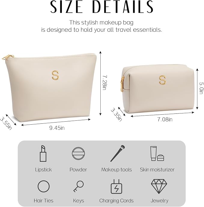 Women Gifts | Initial Makeup Bag for Girl Personalized Gifts for Bridesmaid Friend PU Leather Cosmetic Travel Toiletry Bag(Beige,S)