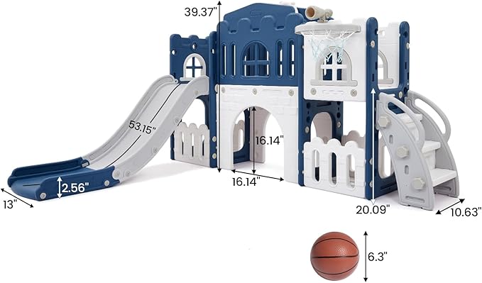 GarveeLife 8-in-1 Toddler Indoor Playground with Slide: Baby Slide Playset for Toddlers Ages 1-3 Outdoor Play, Kids Slide Includes Basketball Hoop, Climber, Crawling Tunnel, Telescope, Toy Storage