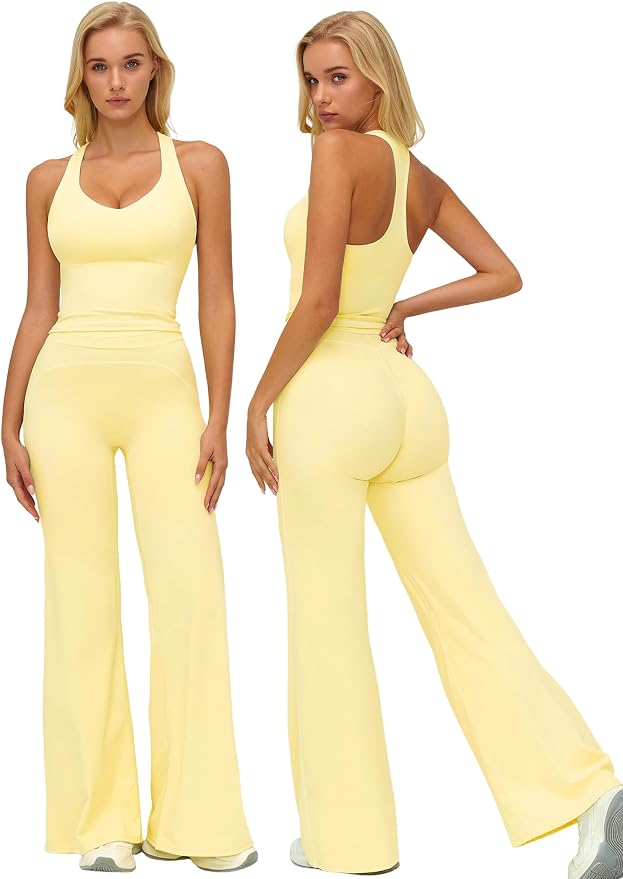 ABOCIW Two Piece Workout Sets for Women Racerback Tank Top Matching High Waist Wide Leg Yoga Pants Pilates Outfits