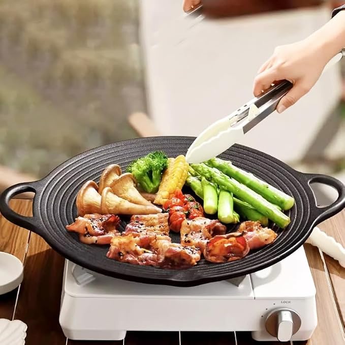11.5 inch Korean BBQ Grill Pan, Cast Iron Griddle Pan for Indoor and Outdoor Cooking & Camping (11.5 inch)