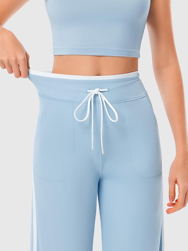 Women's Wide Leg Yoga Pants with Side Stripe, High Waisted Color Block String Lounge Pants, Workout Flowy Track Pants with Pockets