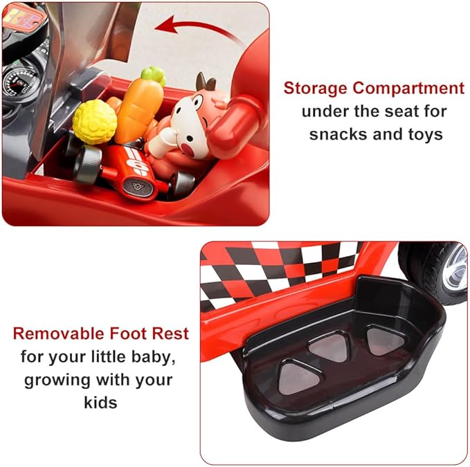 ChromeWheels 3 in 1 Ride on Push Car for Toddlers with Removable Handle/Guardrails/Pedal, Horn, Music, Under Seat Storage (Red)