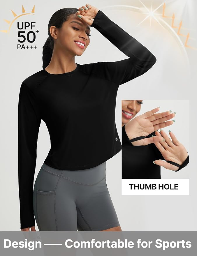baleaf Women's UPF 50+ Long Sleeve Sun Shirts Crop Rash Guard UV Workout Tops SPF Slim Fit Lightweight Athletic Hiking