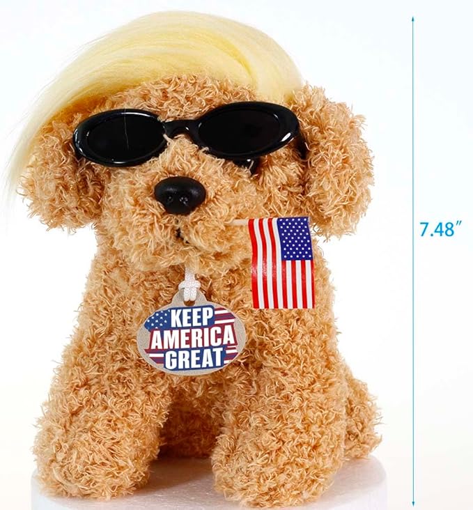 Donald Teddy Dog with Wig, Tag and Flag Donald Doll Donald Dog Toy Funny Gifts Funny Toys (Yellow)