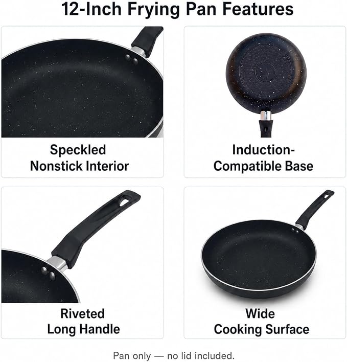 Heavy Gauge 12-Inch Nonstick Frying Pan Skillet, Large Aluminum Omelet Pan for Searing, Sauteing and Everyday Cooking, Induction Compatible Cookware for Gas, Electric and Ceramic