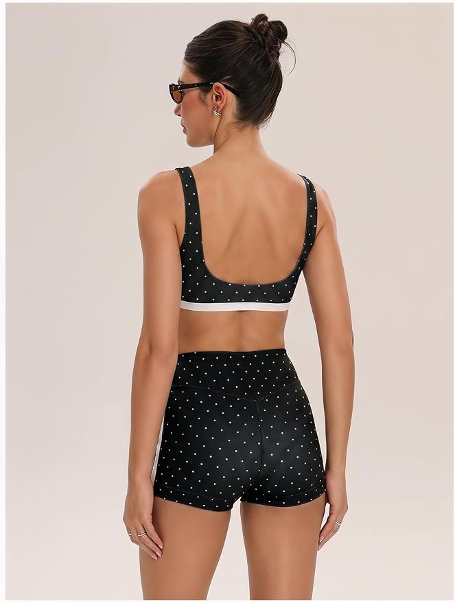 Milumia Women's Polka Dots Workout Set 2 Piece Color Block Bra Tank High Waisted Biker Shorts Layered Matching Yoga Outfit