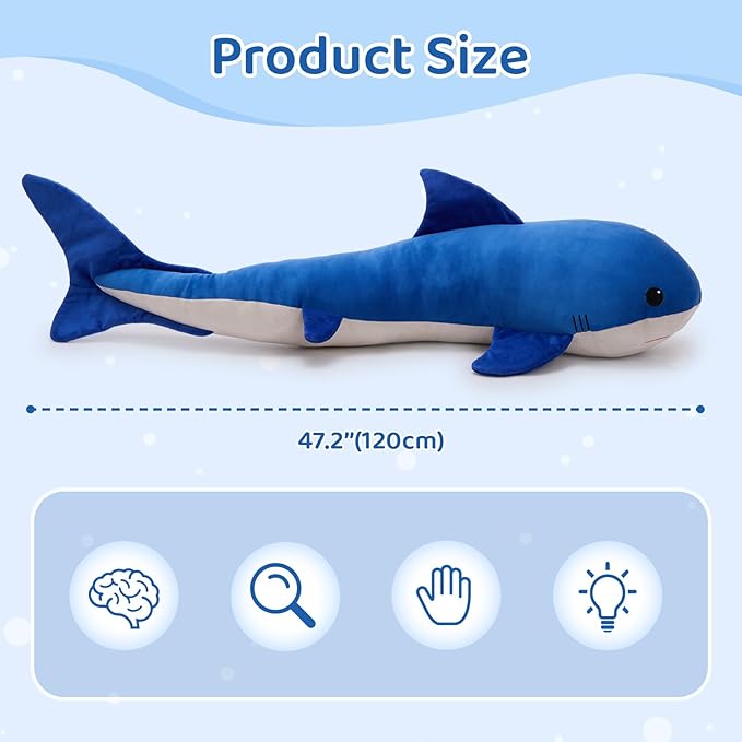 Tezituor 4ft Giant Whale Stuffed Animal, S-Shape Long Stuffed Ocean Whale Theme Plush Toy for Boys Girls, Hugging 47inches Soft Whale Plush Body Pillow for Sleeping