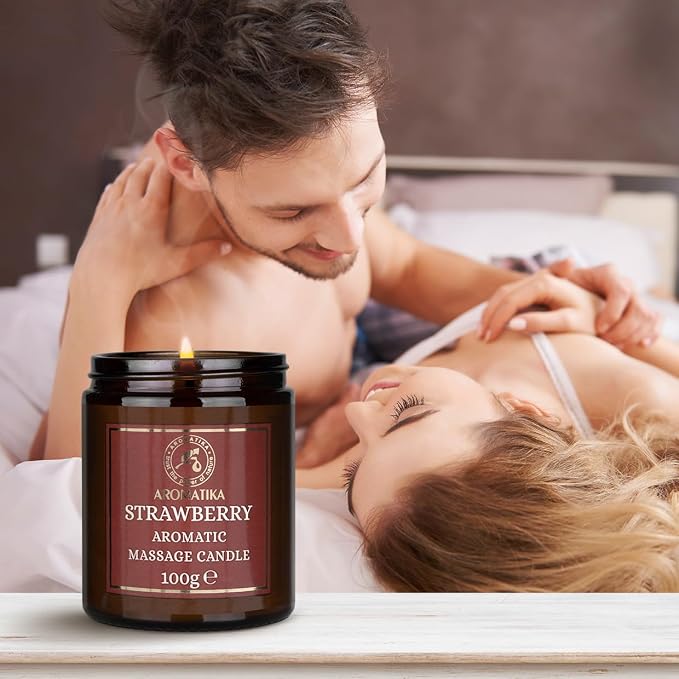 AROMATIKA Strawberry Scented Massage Candle - Soy Wax 3.5Oz - Relaxing Aromatherapy Candle - Glass Jar Gift