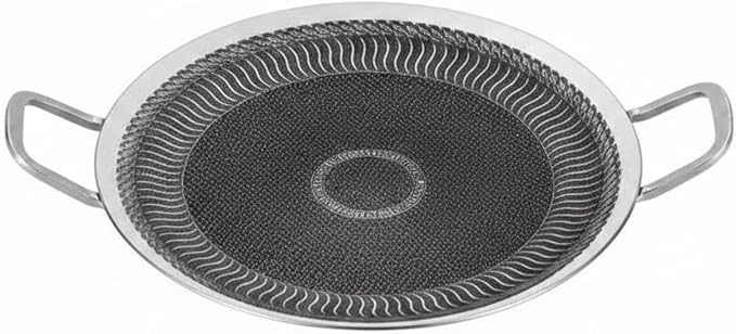 Korean Barbecue Pan Coating Round Stainless Steel Griddle Easy to Clean double Handle Grilling Pan for Camping, Outdoor, 34CM, All Steel