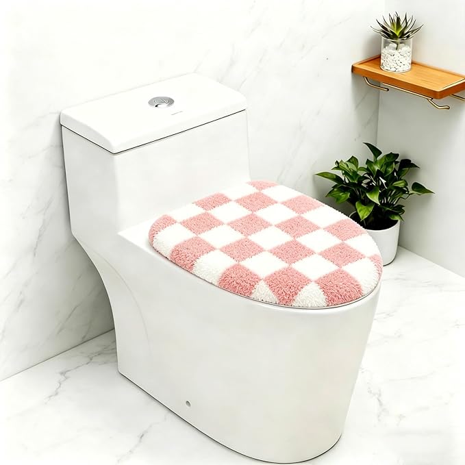 Retro Pink-and-White Checkered Bathroom Toilet Seat Cover Classic checkered toilet seat cover Machine-washable bathroom decor Fits most round, oval, and elongated (pink and white)