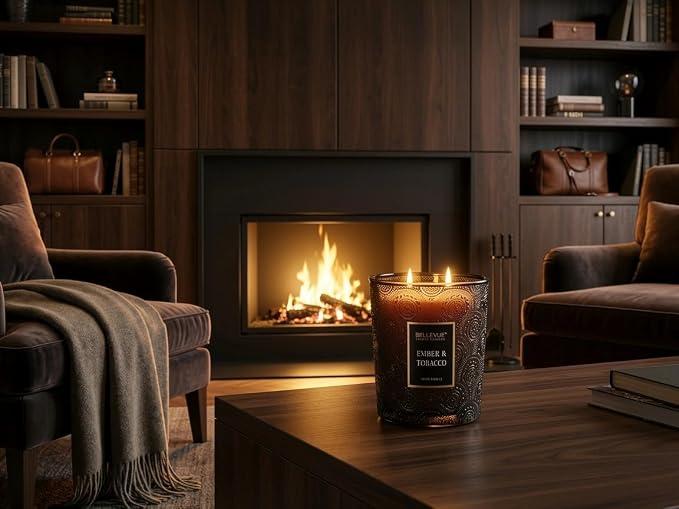 Bellevue Luxury Candles, 12 OZ Soy Blend Candle, Embossed Glass, Fragrances formulated with Essential Oils, Home Fragrances, Scented Candles Gift Set ǀ Scent: Ember & Tobacco