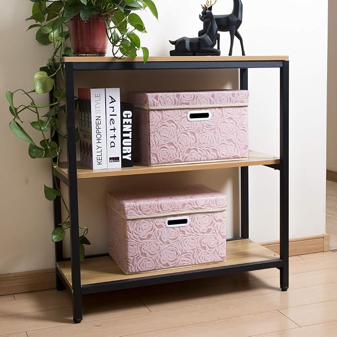Collapsible Storage Boxes with Lids [5-Pack] Fabric Decorative Storage Bins Cubes Organizer Containers Baskets with Cover Handles Divider for Bedroom Closet Living Room Pink 14.9x9.8x9.8 Inch