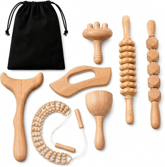 7-in-1 Wood Therapy Massage Tools Set, Wood Therapy Kit for Lymphatic Drainage, Maderoterapia Wooden Massager, Anti Cellulite Body Sculpting Roller, Body Contouring Tool for Waist, Legs & Back