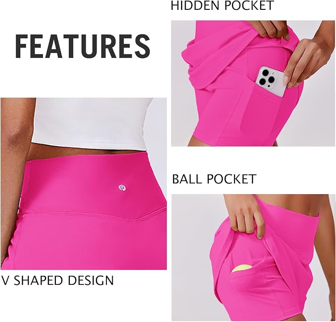 PINSPARK 14" Womens Tennis Skirt High Waisted Golf Skort with 2 Pockets | Built-in Shorts, A Line, Tummy Control, Stretchy, Casual, Mini, Workout, Pickleball, Running, Skort for Woman