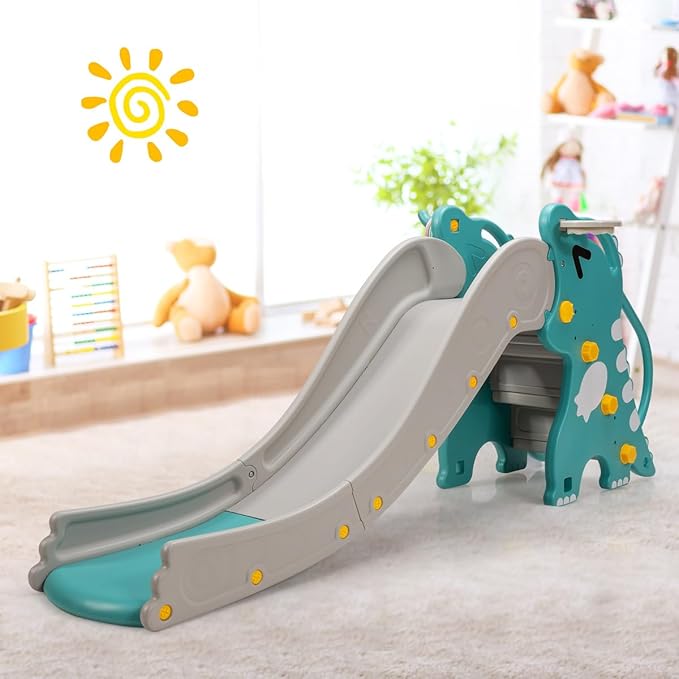 BABY JOY Toddler Slide, Kids Large Slide Play Climber Set with Long Slipping Slope, Basketball Hoop and Ball, Enclosed Steps, Easy Assemble Indoor Outdoor Backyard Freestanding Slides for Kids Age 1-8