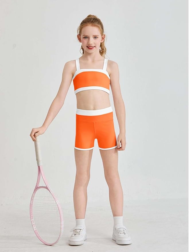 Haloumoning Girls 2 Piece Outfits Athletic Color Block Training Bra and High Waisted Shorts Clothing Sets 5-14Y
