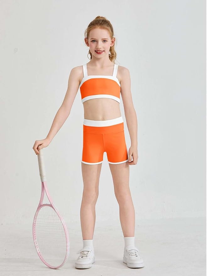 Haloumoning Girls 2 Piece Outfits Athletic Color Block Training Bra and High Waisted Shorts Clothing Sets 5-14Y
