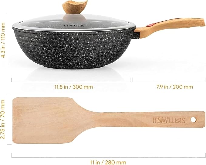 ITSMILLERS Nonstick Wok Aluminium Die-casting Chinese Wok, Scratch Resistant With Lid and Spatula, PFOA-Free, Dishwasher Safe & Induction Bottom,11.8 Inch,5QT,Large Capacity