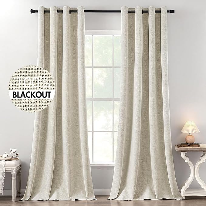 MIULEE 100% Blackout Linen Textured Curtains for Bedroom Solid Thermal Insulated Cream Grommet Room Darkening Curtains & Drapes Luxury Decor for Living Room 52 x 120 Inch (2 Panels)