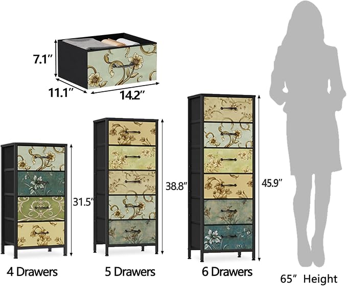 Tall 6 Drawers Dresser for Bedroom, Vintage Storage Organizer Unit | Tall Nightstand with Fabric Drawers, Retro Floral Pattern, Skinny Dresser for Closet, Dorm, Entryway, Metal Frame, Wood Top