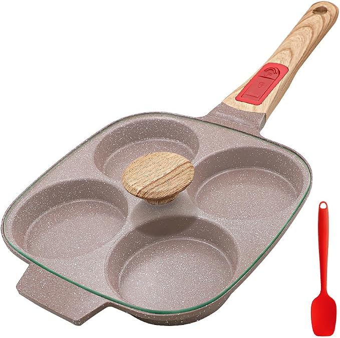 Ceramic Egg Frying Pan with Lid, Nonstick 4 Cup Fried Egg Pan - Brown | Detachable Handle, Omelette Pan Induction Compatible