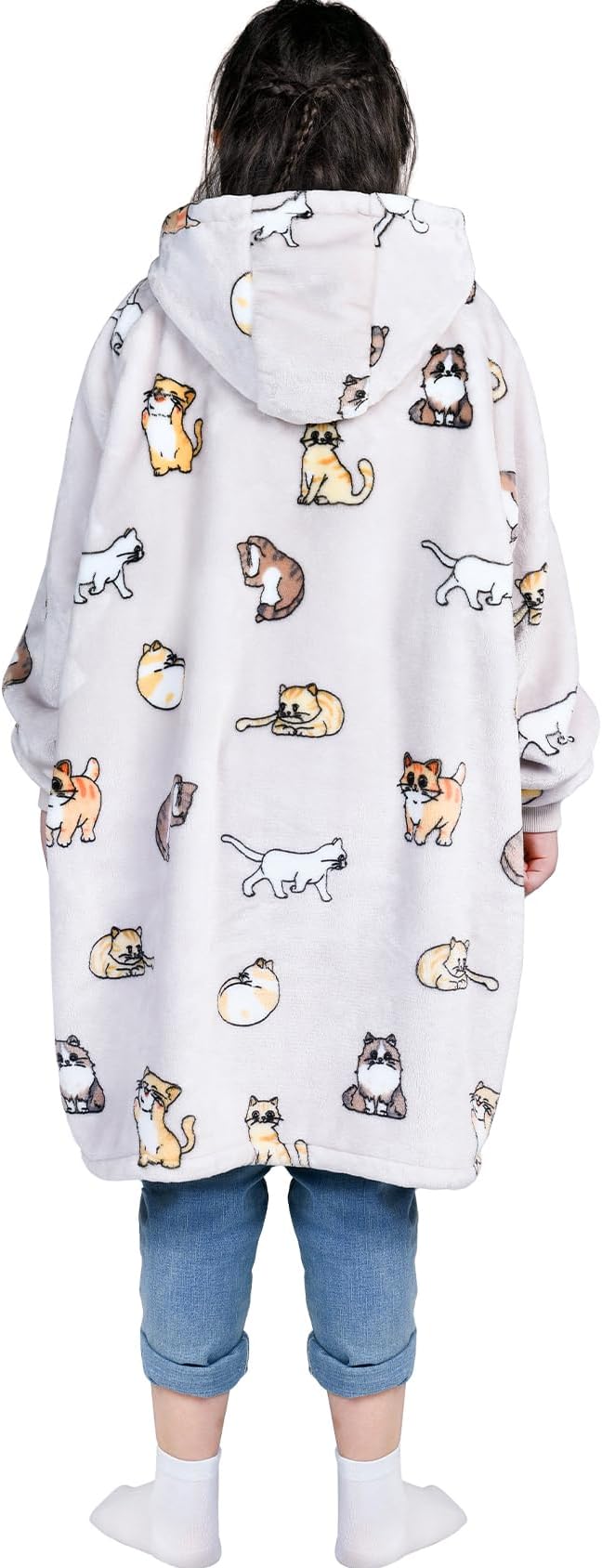 Waitu Wearable Blanket for Kids, Wearable Blanket Hoodie Gifts for Teens Girls and Boys, Warm Blanket Sweatshirt for Teenage, Thick Flannel Hoodie Blanket with Sleeves - Cat Gray