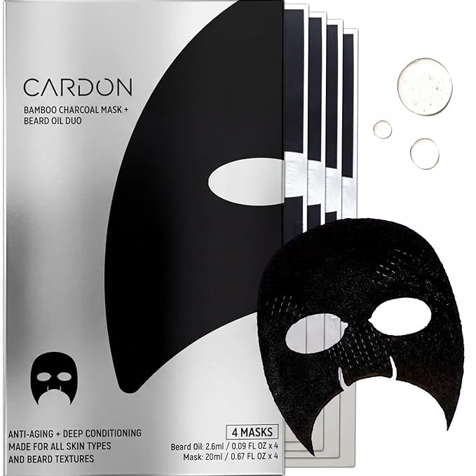 Cardon Complete Face & Beard Care Sheet Masks for Men - Korean Face Masks Skincare with Bamboo Charcoal Detox + Premium Beard Oil - 4 Pack for Deep Hydration, Anti-Aging & Post-Shave Comfort