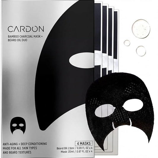 Cardon Complete Face & Beard Care Sheet Masks for Men - Korean Face Masks Skincare with Bamboo Charcoal Detox + Premium Beard Oil - 4 Pack for Deep Hydration, Anti-Aging & Post-Shave Comfort