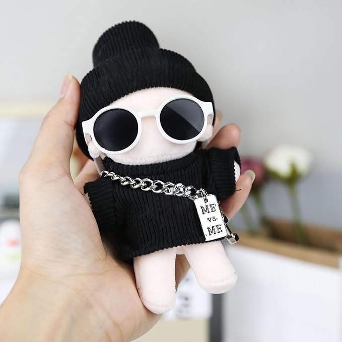 Doll Clothes 15cm Black Outfits for Dolls Cool Black Clothes Set Sweater Headband Glasses and Necklace Stylish Clothes Accessories (Style 8)