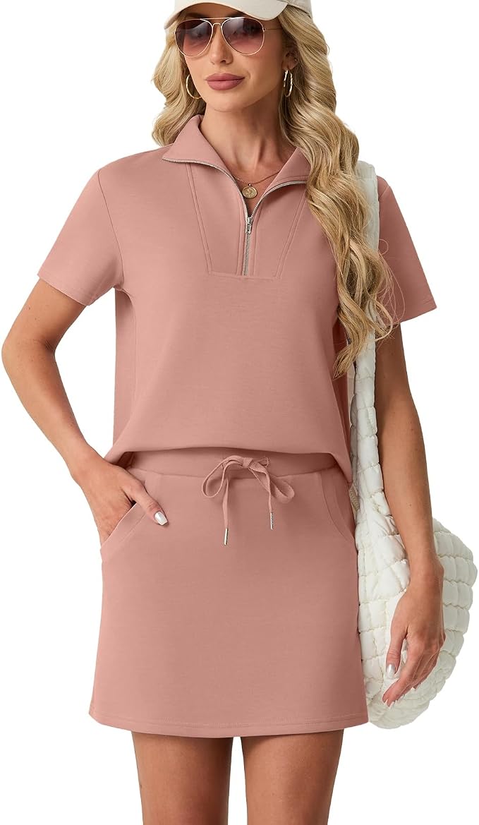 GRECERELLE Women's Summer 2 Piece Skort Set Half Zip Short Sleeve Top & Pocketed Tennis Skirt For Sports & Vacations.