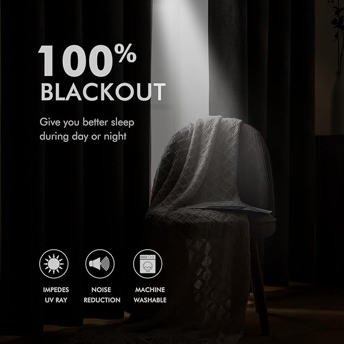 MIULEE Linen Textured Curtains for Bedroom Solid 100% Blackout Thermal Insulated Natural Grommet Room Darkening Curtains & Drapes Luxury Decor for Living Room 52 x 54 Inch (2 Panels)