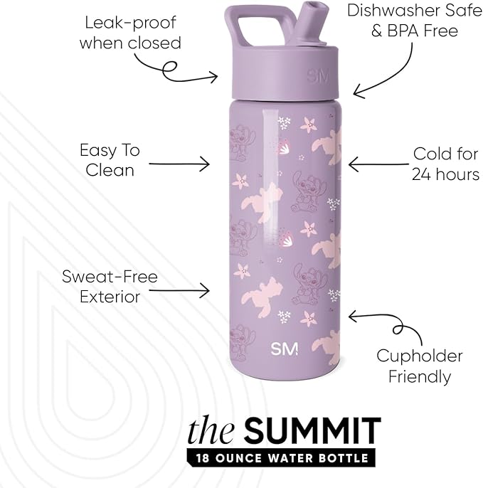 Simple Modern Kids Summit Water Bottle with Straw Lid | Disney Stitch 18oz Stainless Steel Cup Insulated Tumbler for Toddlers, Boys, Girls, School | Stitch Experiment 624