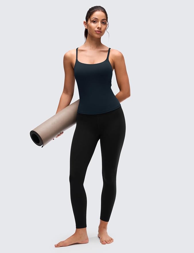 CRZ YOGA Softretch U Back Camisole Tank Tops for Women - Scoop Neck Padded Spaghetti Straps Soft Yoga Crop Top