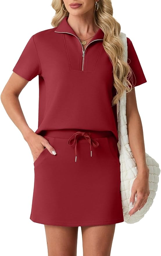 GRECERELLE Women's Summer 2 Piece Skort Set Half Zip Short Sleeve Top & Pocketed Tennis Skirt For Sports & Vacations.