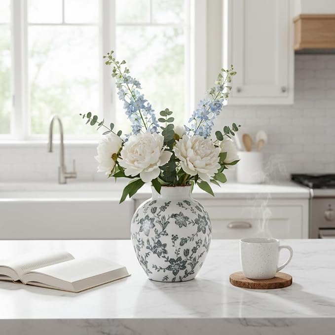 SIDUCAL Ceramic Vintage Vase, 5.83 Inch Retro Ice Cracked Chinoiserie Floral Vase, Rustic Farmhouse Vases for Home Decor, Bookshelf, Garden, Chinoiserie Decor, Tuscan Decor, Gray Floral Pattern