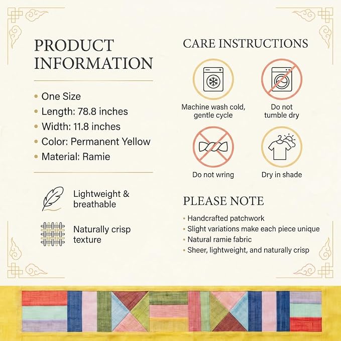 Korean Patchwork Table Runner – Traditional Bojagi Pattern, Lightweight Decorative Dining Table & Home Décor Accent for Living Room or Kitchen (Permanent Yellow) | Traditional Korean Textile 79 Inch Runner Natural Ramie Fabric Kitchen Table Decor Home ...
