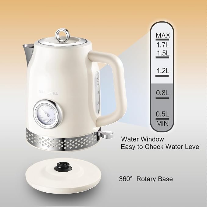 Retro Electric Kettle, 1.7L 304 Stainless Steel Tea Kettle with Temperature Gauge, 1500W Fast Boiling Water Boiler,Auto Shut-Off & Boil-Dry Protection, BPA-Free (Off-white)