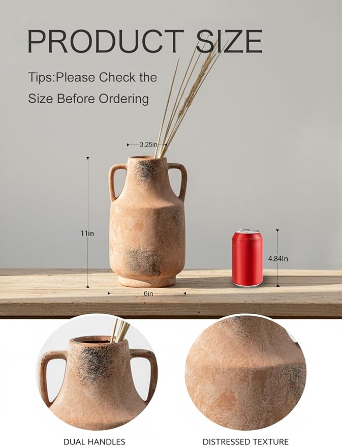 Kanwone Ceramic Vase with Handles, 11 Inch Tall Flower Vase for Centerpieces, Decorative Farmhouse Rustic Vase, Large Terracotta Vases for Home Decor, Living Room, Kitchen, Table, Mantel, Retro