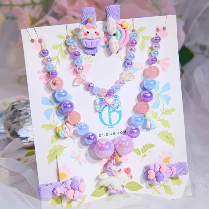 Little Girl Jewelry Sets Kids Jewelry - Unicorn Mermaid Bead Necklaces, Jewel Rings, Dress Rings, Friendship Bracelets with Science Knowledge Cards & Spare Strings - Princess Dress Play Toy for Toddlers 2 3 4 5 6 7 8 - Birthday Party School Gifts