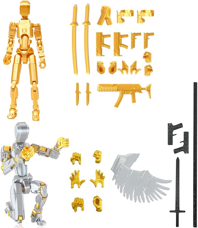 T13 3D Action Figure Set (Assembly Completed), 3D Printed Multi-Jointed, Titan 13 Action Figures, Multi-Articular Lucky Mobile Robot Nova T-13,Desktop Decorations for Game Lovers Toys (Gold/Sliver)