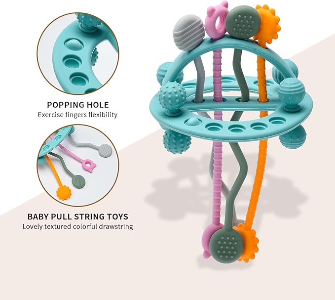 Food Grade Silicone Pull String Baby Toy, Montessori Pull String Sensory Toy for 18 Months Babies Teething Toys (Blue)