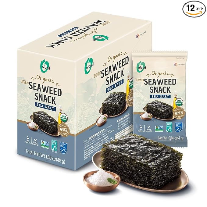 Roasted Seaweed Snack [Sea Salt | Pack of 12] Crispy Korean Laver Sheets | Vegan | Gluten-Free Nori | Low-Calorie | Perfect for Sushi, Rice Bowls, Snacks, Lunchboxes, Picnics, Plant-Based Korean Seaweed Chips - O’food