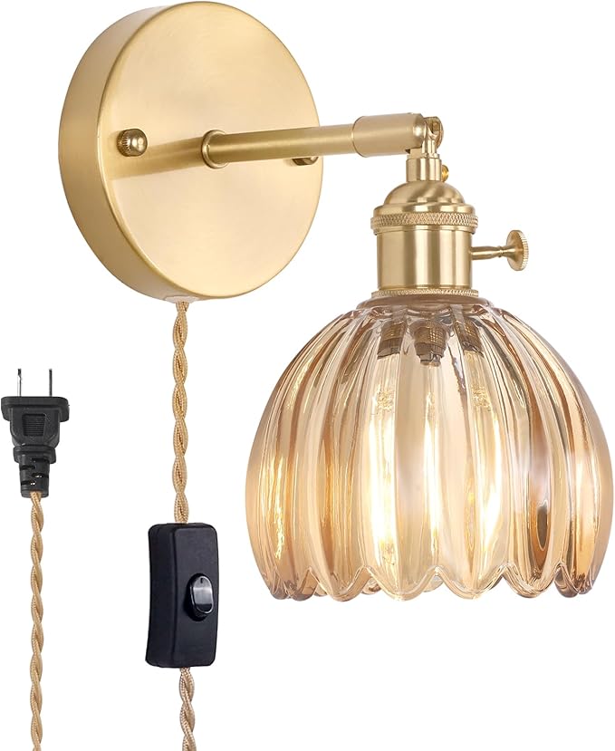 Shenmoyl Plug in Wall Sconce, Amber Tulip Glass Lampshade Wall Light Plugin Corded for Bedside Bedroom Doorway