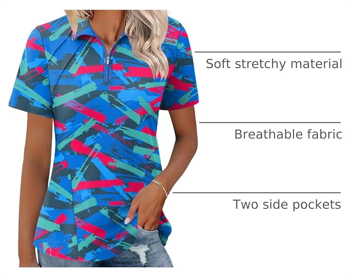 LOMON Womens Golf Polo Shirt Summer Short Sleeve Quarter Zip Outfit | Side-Pockets,Princess Seams,Cotton,Wrinkle Free,Moisture Wicking,Quick-Dry,Lightweight,Collared,for Tennis Workout