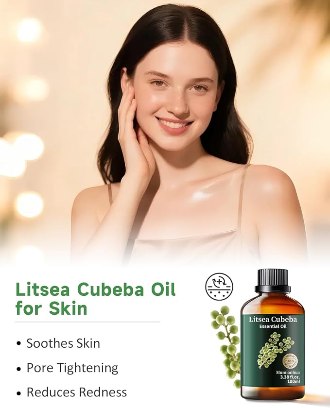 Litsea Cubeba Essential Oil, Fresh Scent, Diffuser, Skin & DIY, 3.38 Fl Oz | Mumianhua May Chang Oil, Bright, Lemony Aroma. For Diffuser, Oily Skin, Hair, DIY Spray & Candle Making