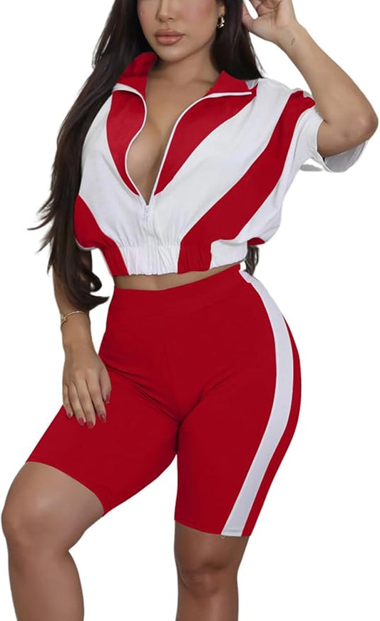 Adogirl Women 2 Piece Outfits Summer Tracksuit Color Block Short Sleeve Full Zip Up Cropped Jacket Bodycon Shorts Lounge Sets