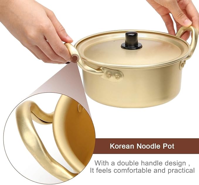 Korean Ramen Noodle Pot,Aluminum Alloy Double Handle Korean Instant Noodles Pot Korean Noodle Cooker Stockpot Cooking Pot with Lid Kitchen Cookware for Soup Pasta Egg (20cm)
