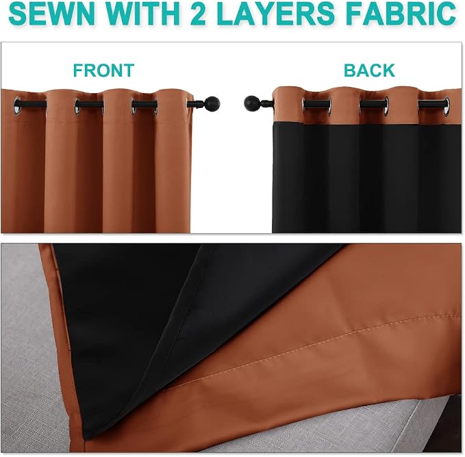 NICETOWN Burnt Orange Blackout Curtains 80 inches Long, Full Light Blocking Drapes with Black Liner for Nursery, Thermal Insulated Draperies for Hall, Villa (2 Pieces, 42" Wide Each Panel)